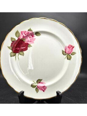 Vintage Bone China Plate With Pink & Red Roses Gold Trim England 8" VL5012